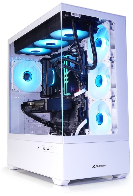 Witte computerkast met glazen zijpaneel, blauw verlichte ventilatoren en interne componenten.