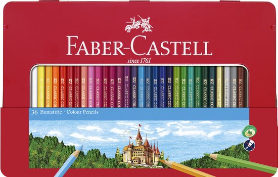 Rode Faber-Castell blik met 36 kleurpotloden, zichtbaar in een rij, met een kasteelafbeelding op de voorkant.