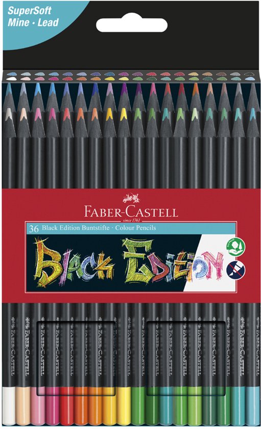 Faber-Castell 36 Black Edition kleurpotloden met zwarte omhulsels, ton-sur-ton, met de tekst "Black Edition" in graffiti-stijl.