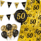 LUQ – Party Essentials 50 Jaar – Zwart-Goud Verjaardag Feest Versiering – Luxe Ballonnen-Slingers-Vlaggenlijn-Gordijn