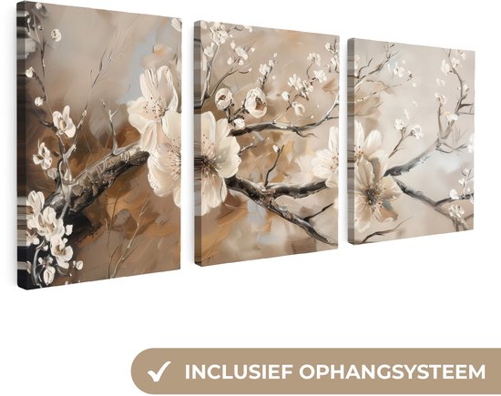 Drieluik schilderij met witte bloesems op takken, abstracte bruine achtergrond, inclusief ophangsysteem.