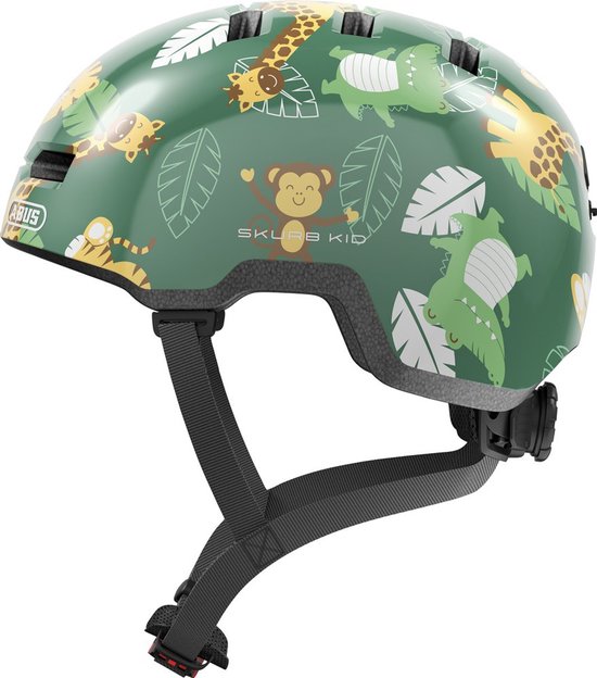 Groene helm met jungleprint: apen, tijgers, giraffen en krokodillen.