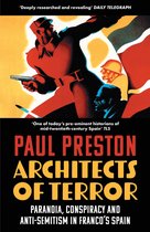Boek kaft met geel, oranje, rood en zwart. Twee mannen met wapens, tekst 'PAUL PRESTON ARCHITECTS OF TERROR'.