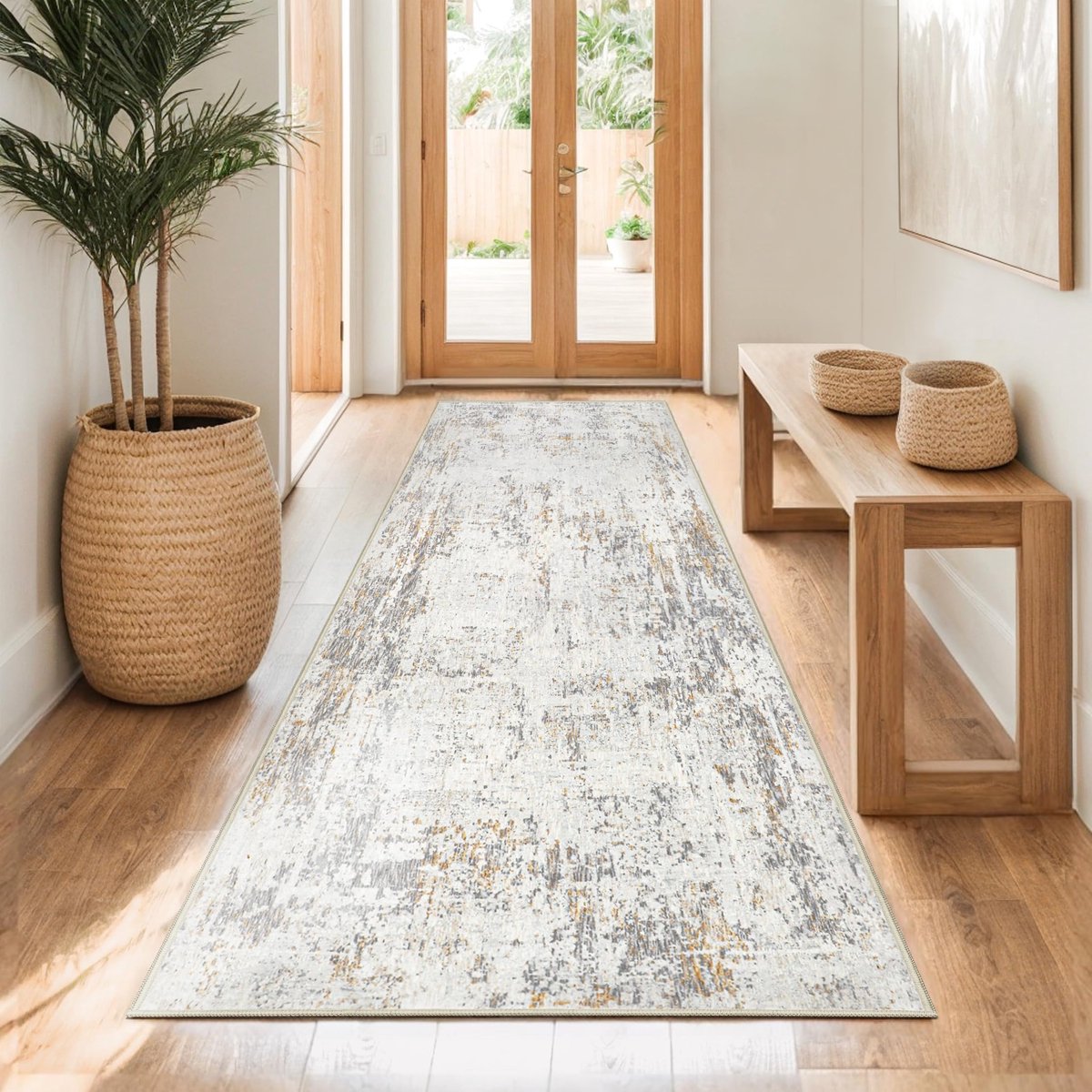Loper - Abstract Modern Minimalistisch Wasbaar Antislip Kortpolig Kunstwol - voor Hal Keuken Woonkamer Slaapkamer - Beige 80x200cm