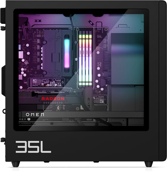 Zwarte OMEN gaming pc met glazen zijpaneel, getoond vanaf de achterkant, met zicht op de componenten.