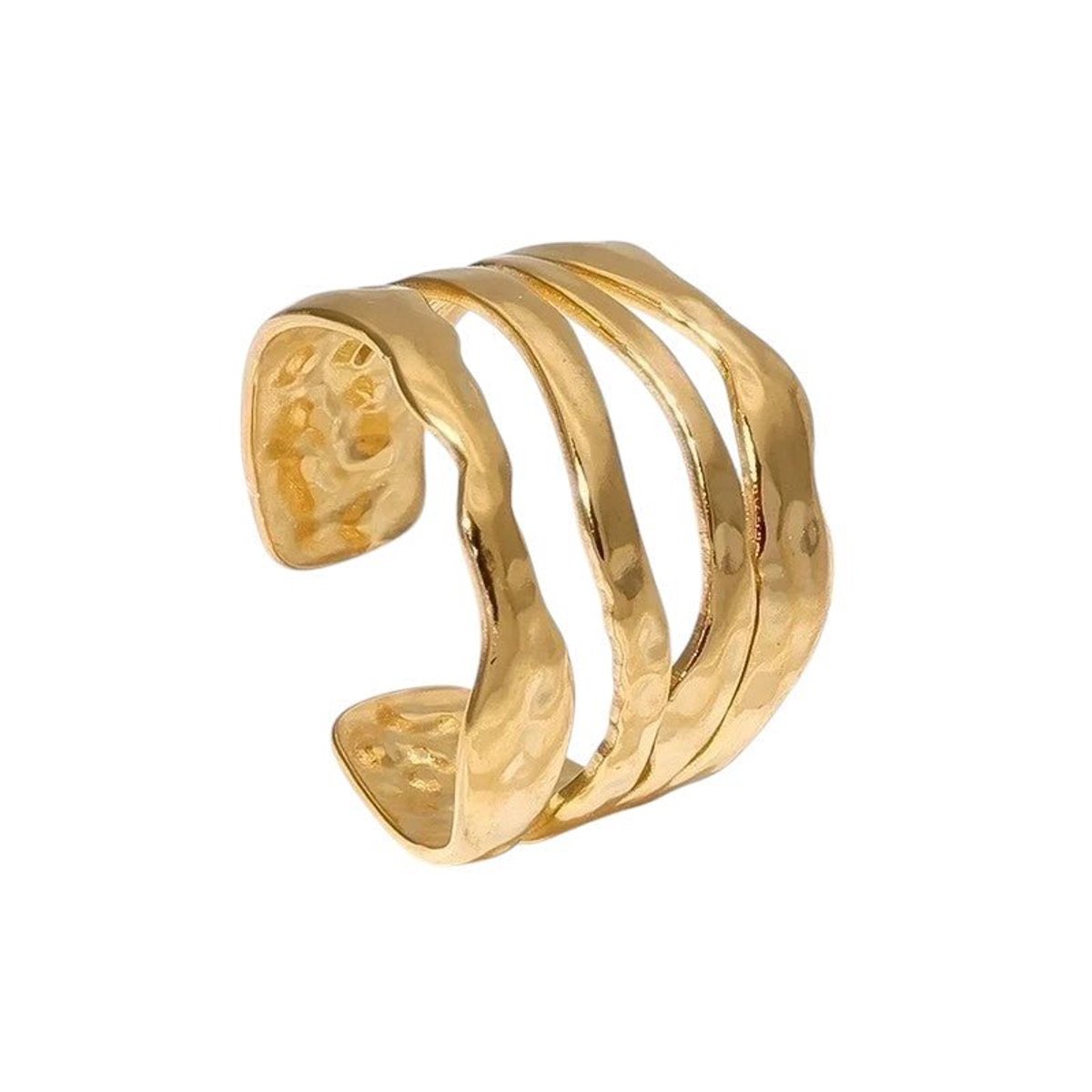Aramat Jewels | Ringen | RVS Damesring Verstelbaar – 4 Grillige Lijnen – 17 mm | Goudkleur | |15mm | Staal | Volwassenen | Verkleurd niet