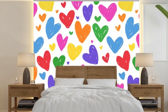 Behang - Fotobehang Hartjes - Patroon - Kleurrijk - Tekening - Breedte 220 cm x hoogte 220 cm