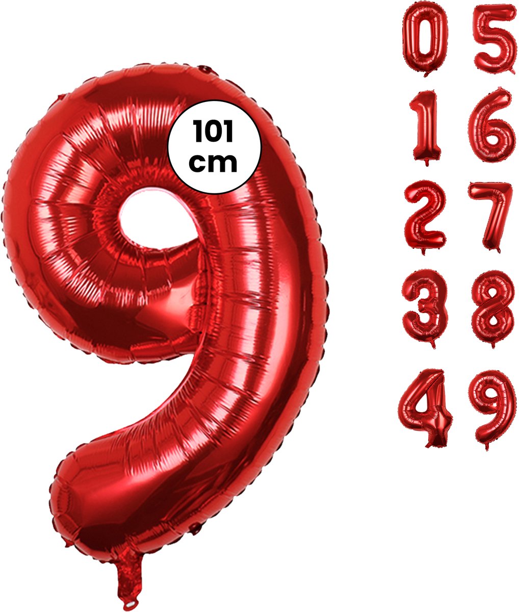 Fienosa Cijfer Ballonnen nummer 9 - Rood - 101 cm - XL Groot - Helium Ballon - Verjaardag Ballon - Leeftijd verjaardag - Verjaardagsballon - Verjaardag