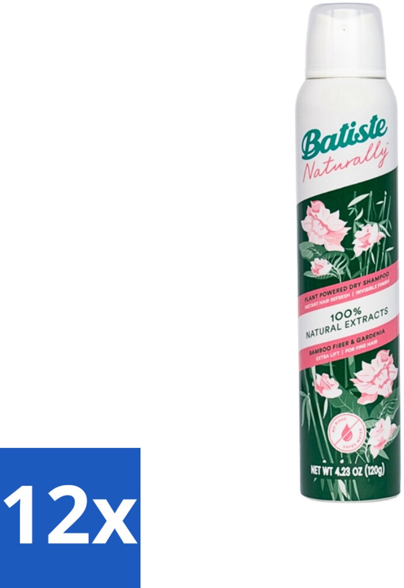 12 x Batiste - Naturally Bamboo Fibre & Gardenia - Droogshampoo - Versterkt en Verfrist - 100% Natuurlijk - 200ml - Droogshampoo - Bamboe - Gardenia - Natuurlijke Verzorging - Haarverfrissend