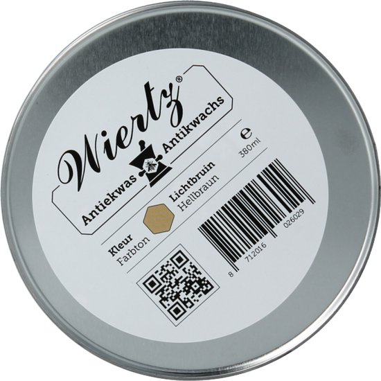 Zilverkleurige blik met "Wiertz Antiekwas" en "Lichtbruin", een kleurstaal en QR-code.