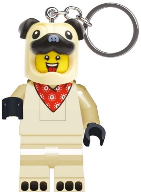 LEGO sleutelhanger met een figuur van een Franse Bulldog met rood bandana en een vrolijk gezicht.