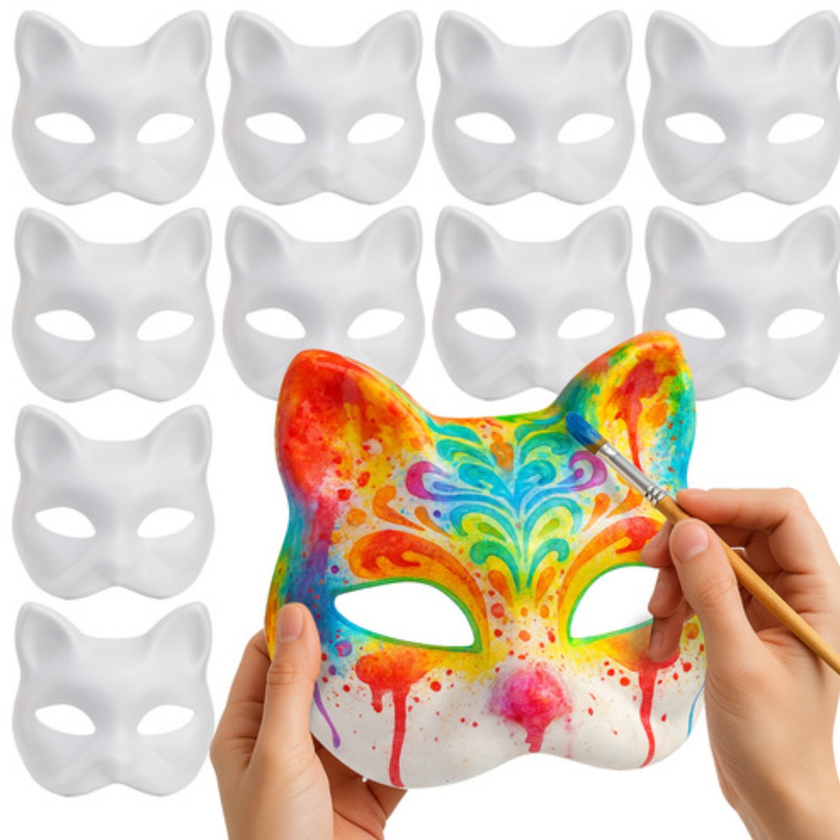 Ruhhy Papier mache maskers kat/poes - set 20x stuks - DIY schilderen - 17 x 18 cm - maskers maken