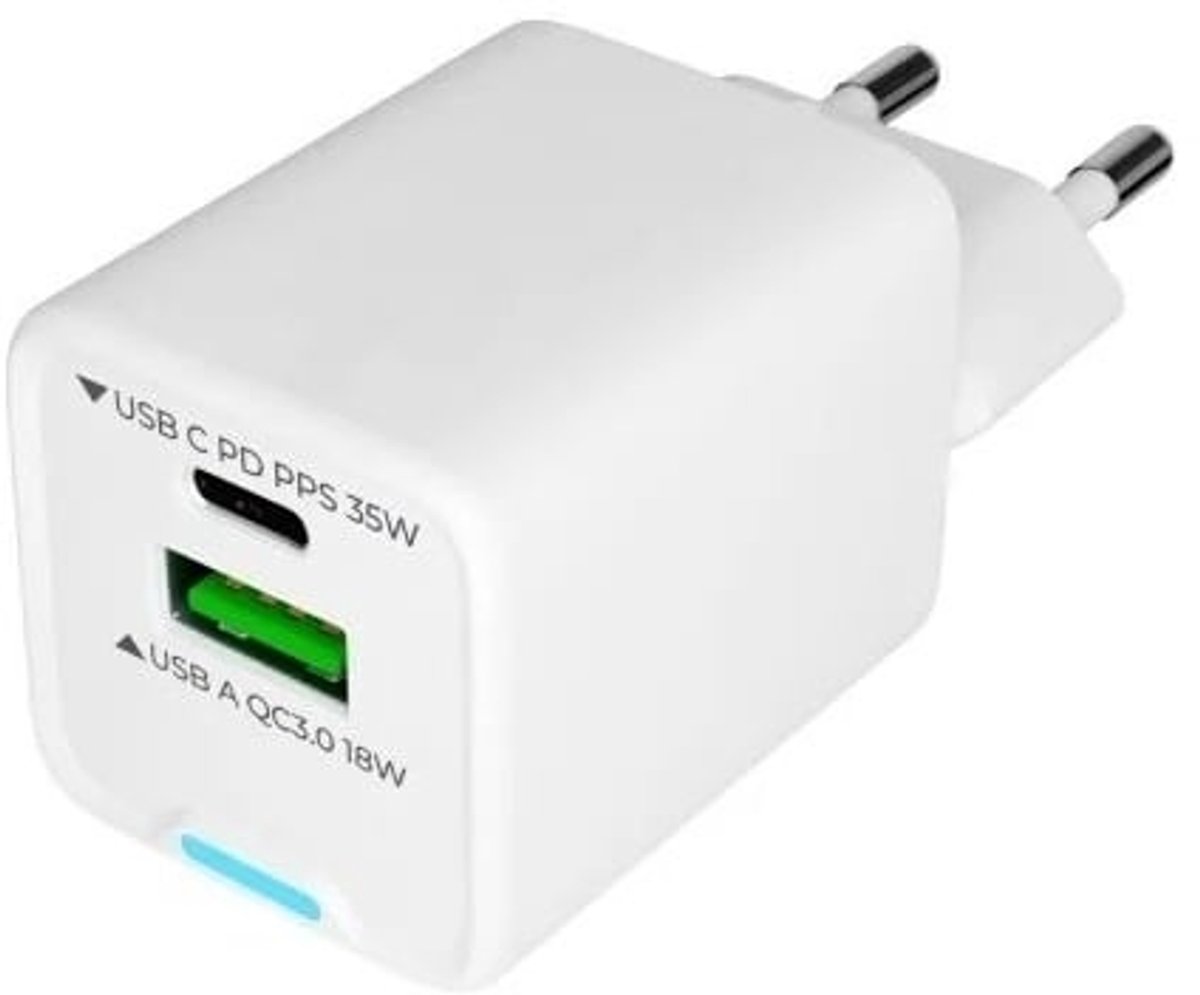 OneOne 35W super snellader met 2 poorten. USB C en USB A. GAN Quick Charge lader. PD PPS oplader adapter past op JBL TUNE 125 TWS / 130NC / 215BT / 215 TWS / 225TWS / 230NC TWS / 300TWS / 510BT / 520BT / 660NC
