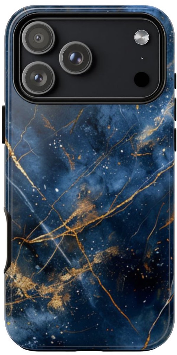 Blauw Marmerpatroon met Gouden Adering – Telefoonhoesje Geschikt voor iPhone 17 Pro Max