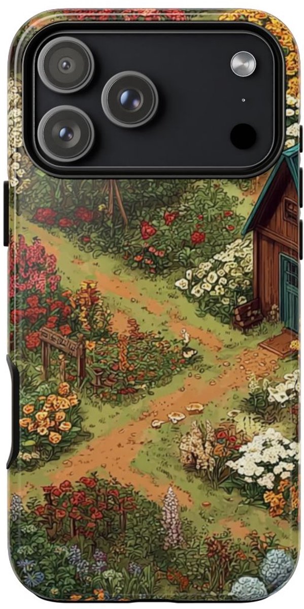 Kleurrijke Bloementuin met Huisje – Telefoonhoesje Geschikt voor iPhone 17 Pro Max