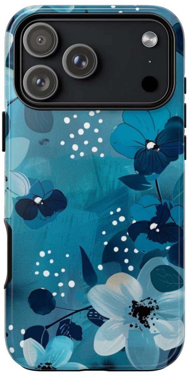Turquoise Bloemenpatroon met Stippen – Telefoonhoesje Geschikt voor iPhone 17 Pro Max