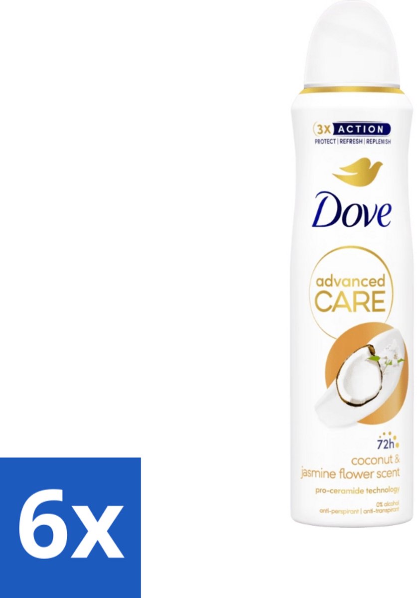 6 x Dove Deodorant Spray - Advanced Care - Kokos & Jasmijnbloem - 150 ml - Deodorant Spray - Anti-transpirant - Kokos - Jasmijn - Langdurige Frisheid