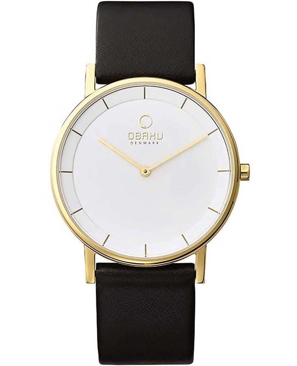Obaku Denmark Herenhorloge - V143G GWRB - Goudkleurige stalen kast - Zwarte leren band - Ø38 mm