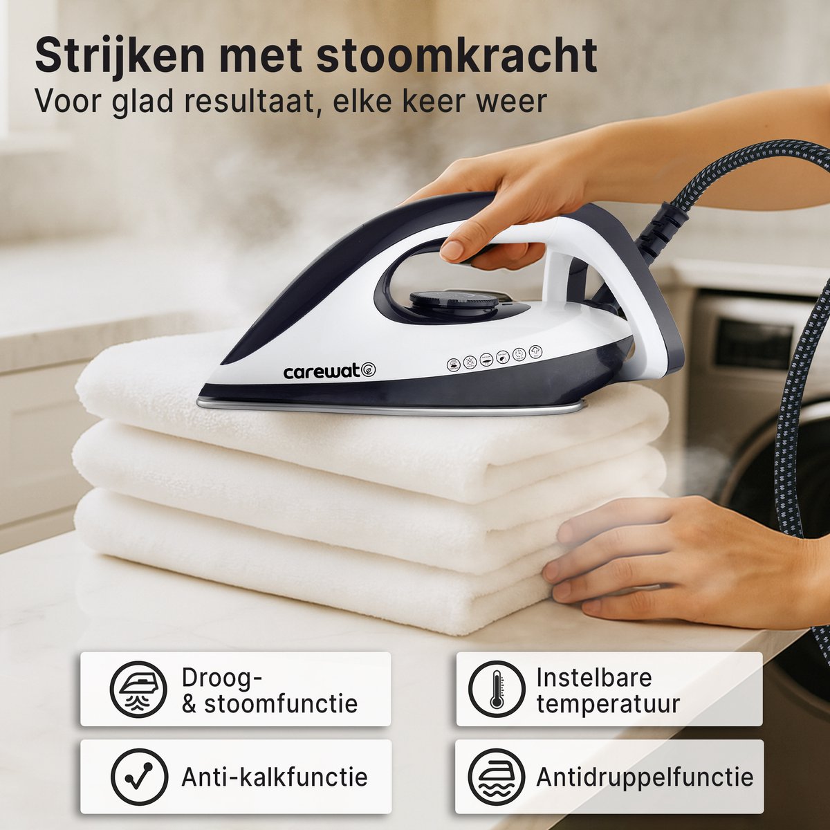 Carewat Stoomstrijkijzer met Stoomgenerator - Wit - 2200W - 1.5L Uitneembare Watertank - 100 g/min Stoomproductie - Keramische Zoolplaat - 3.0 Bar Stoomdruk - Anti-Oververhitting - Geschikt voor alle stoffen — afbeelding 7