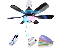 Plafondventilator met Lamp door MMOBIEL – LED Plafondventilator met Bluetooth Speaker, E27 Fitting, RGB Licht, Dimbaar 3000K-6500K, Muzieksync, 3 Snelheden, 2x6 Bladen, Afstandsbediening – Zwart