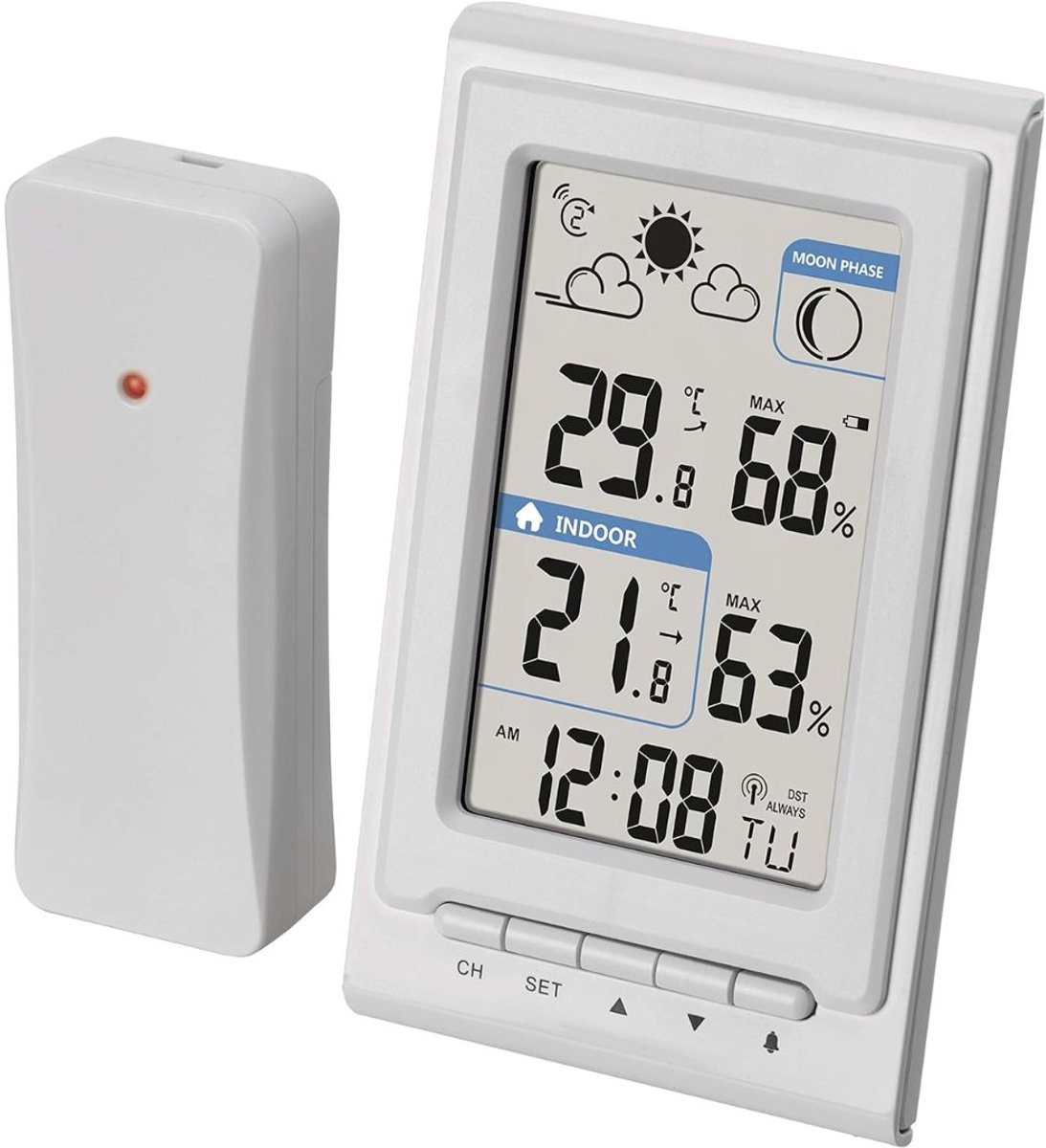 Weerstation Binnen en Buiten - Weerstation Draadloos Binnen Buiten - Weerstation met Buitensensor - Wit