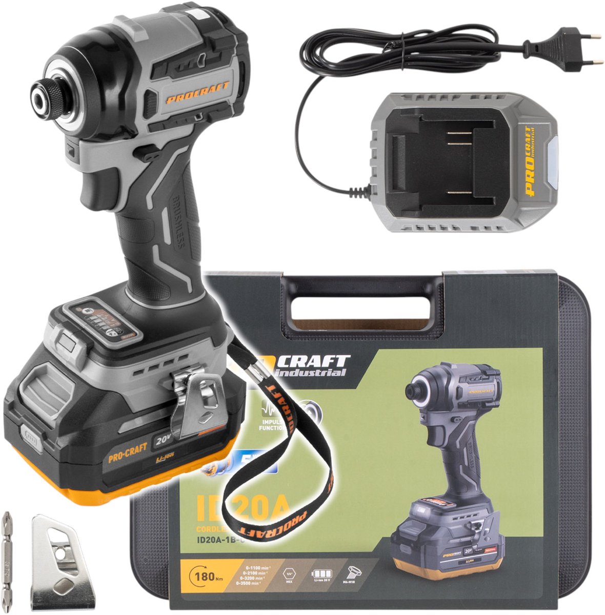 Procraft Industrial ID20A-1b accu-slagmoersleutel 20 V 180 Nm 1/4" + 1x accu 4,0 Ah + oplader + koffer