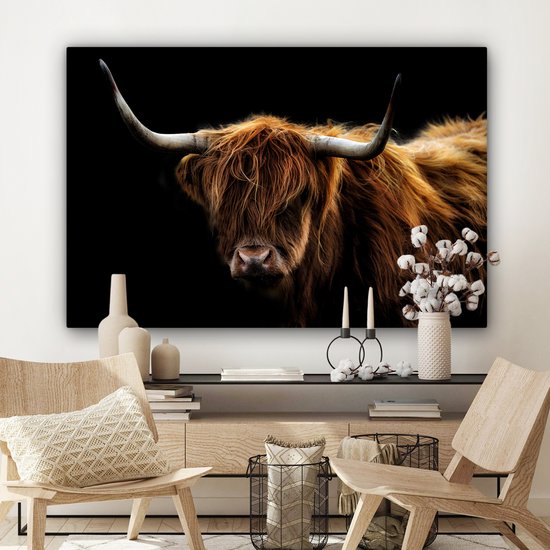 Canvas schilderij - Schotse hooglander 120x80 - Kamer decoratie accessoires - Zwarte schilderijen woonkamer dieren - Wanddecoratie koe slaapkamer - Muurdecoratie keuken zwart - Wanddoek interieur - Woondecoratie huis - Woonaccessoires