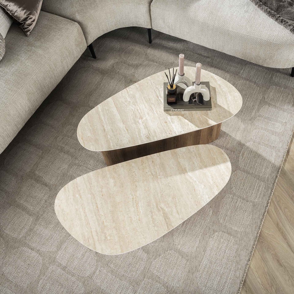 Dimehouse Salontafelset Jimi Set van 2 Driehoekig Travertin Look Keramiek travertine
