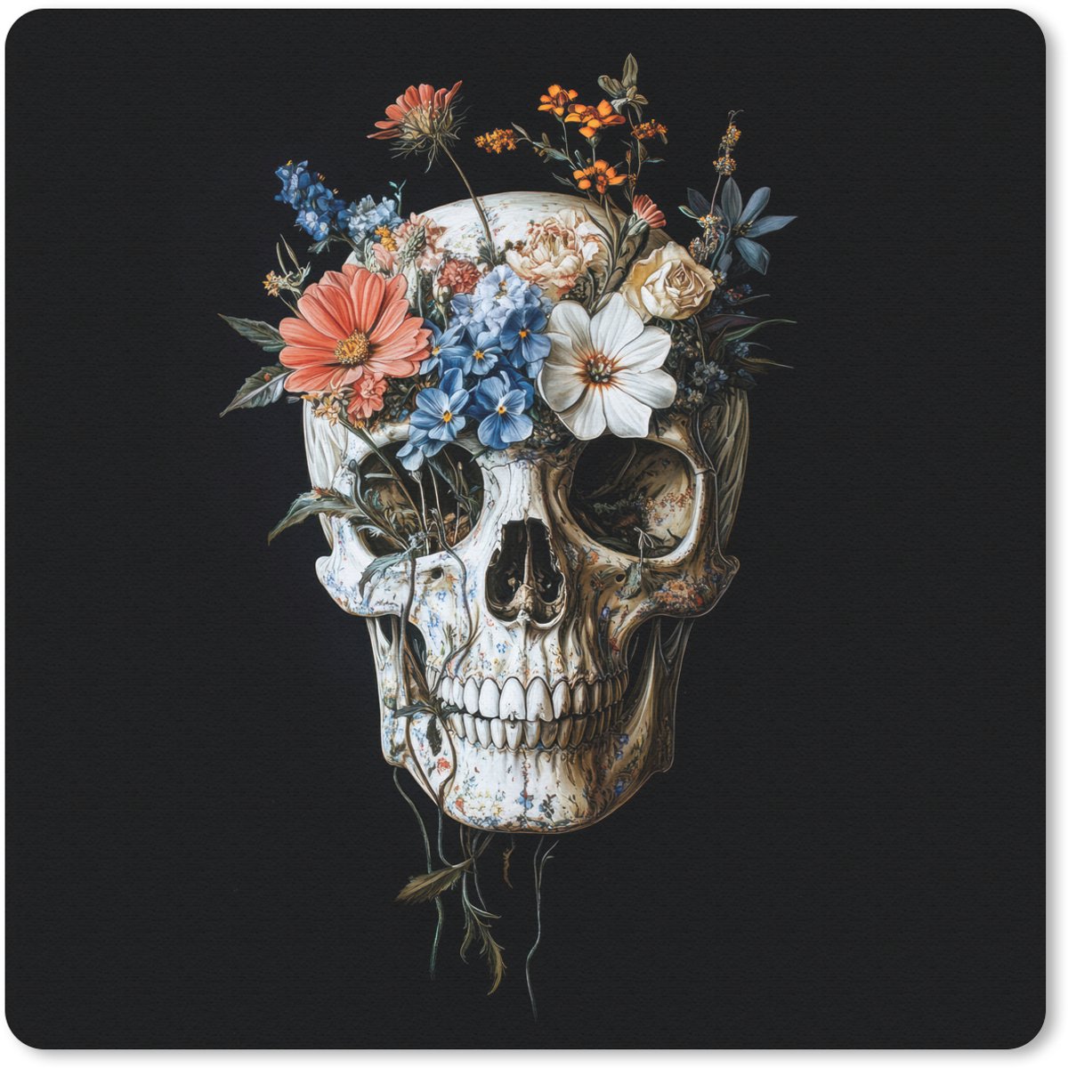 Muismat 20x20 cm - Mousepad Bloemen - Schedel - Kleurrijk - Muismatten