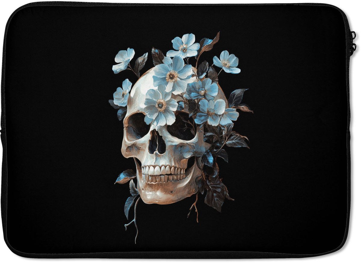 Laptophoes 14 inch - Schedel - Blauw - Bloemen - Bladeren - Laptop sleeve - Binnenmaat 33x23 cm - Zwarte achterkant