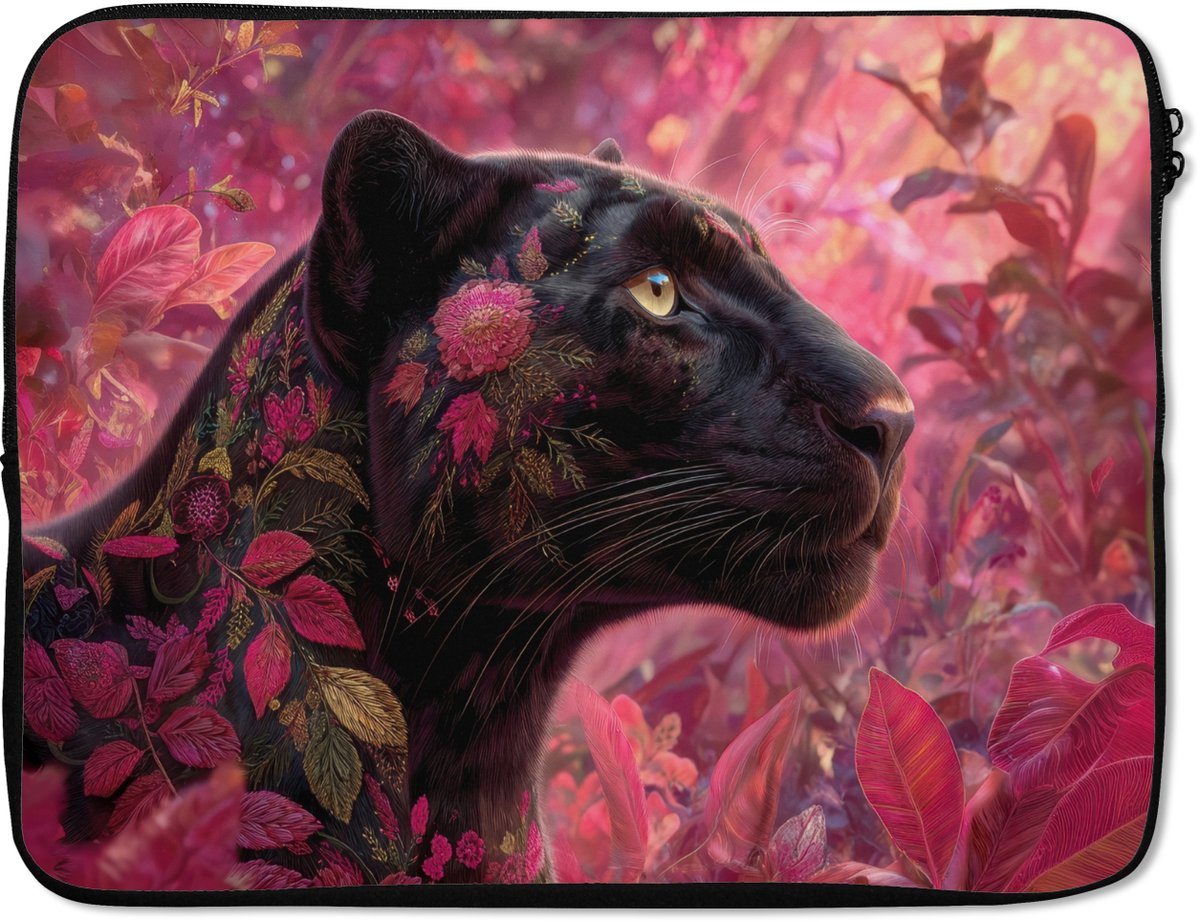 Laptophoes 17 inch - Luipaard - Bloemen - Roze - Laptop sleeve - Binnenmaat 41x28 cm - Zwarte achterkant