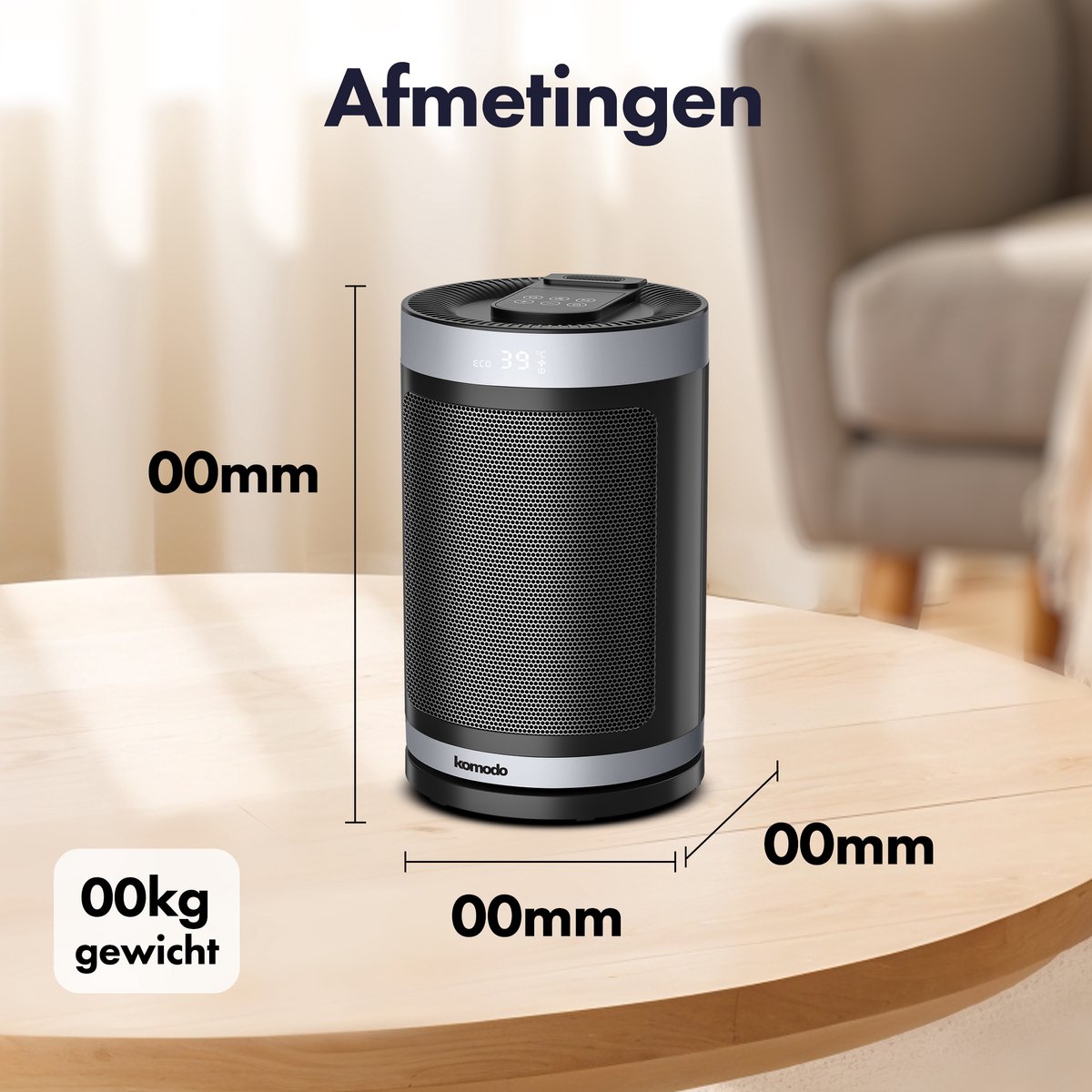 Elektrische Kachel 1500W - Keramische Ventilatorkachel - Heater - Afstandsbediening en Timerfunctie - 70° Draaifunctie - Komodo – foto 2