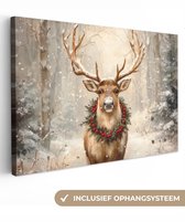 Canvas schilderij 120x80 cm - Wanddecoratie Kerst - Rendier - Winter - Krans - Muurdecoratie woonkamer - Slaapkamer decoratie - Kamer accessoires - Schilderijen op canvas - Kerstdecoratie voor binnen - Kerstversiering - Kerstmis versiering