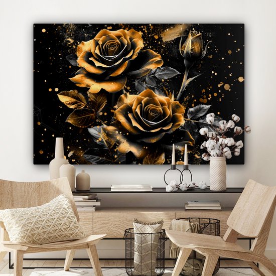 Peinture sur toile 120x80 cm - Décoration murale Roses - Or - Zwart - Fleurs - Moderne - Décoration murale salon - Décoration chambre moderne - Tableaux abstraits