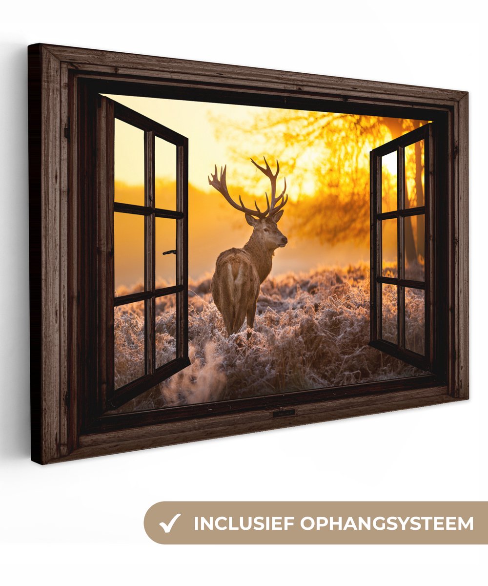 Canvas schilderij 120x80 cm - Wanddecoratie Hert - Herfst - Dieren - Natuur - Bos - Doorkijk - Muurdecoratie woonkamer - Slaapkamer decoratie - Kamer accessoires - Schilderijen op canvas