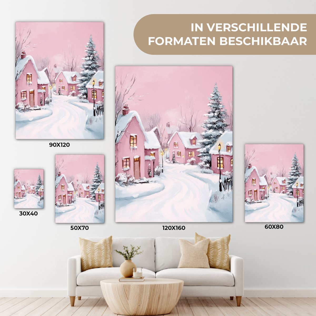 Canvas schilderij 60x80 cm - Wanddecoratie Kerstdorp - Roze - Winter - Sneeuw - Huizen - Muurdecoratie woonkamer - Slaapkamer decoratie - Kamer accessoires - Schilderijen op canvas - Kerstdecoratie voor binnen - Kerstversiering - Kerstmis versiering – foto 8
