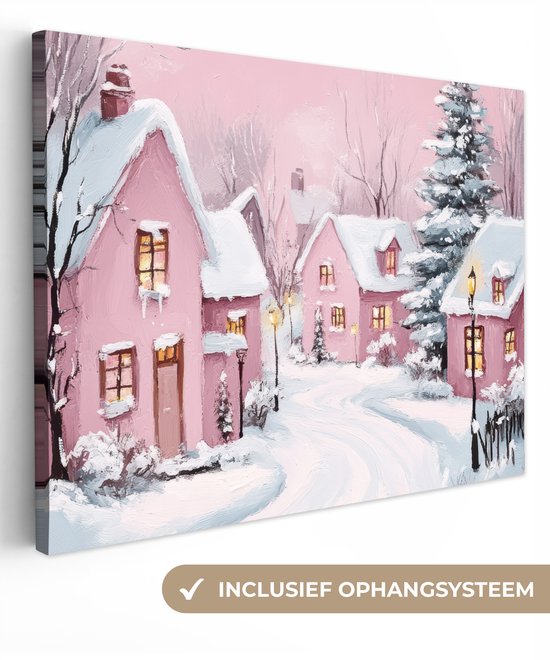 Canvas schilderij 80x60 cm - Wanddecoratie Kerstdorp - Roze - Winter - Sneeuw - Huizen - Muurdecoratie woonkamer - Slaapkamer decoratie - Kamer accessoires - Schilderijen op canvas - Kerstdecoratie voor binnen - Kerstversiering - Kerstmis versiering
