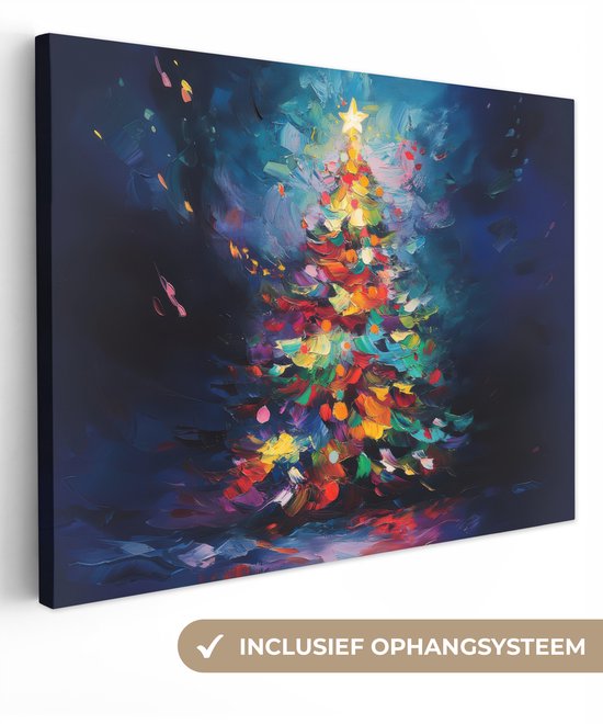 Canvas schilderij 80x60 cm - Wanddecoratie Kerstboom - Kerst - Abstract - Kleurrijk - Muurdecoratie woonkamer - Slaapkamer decoratie - Kamer accessoires - Schilderijen op canvas - Kerstdecoratie voor binnen - Kerstversiering - Kerstmis versiering