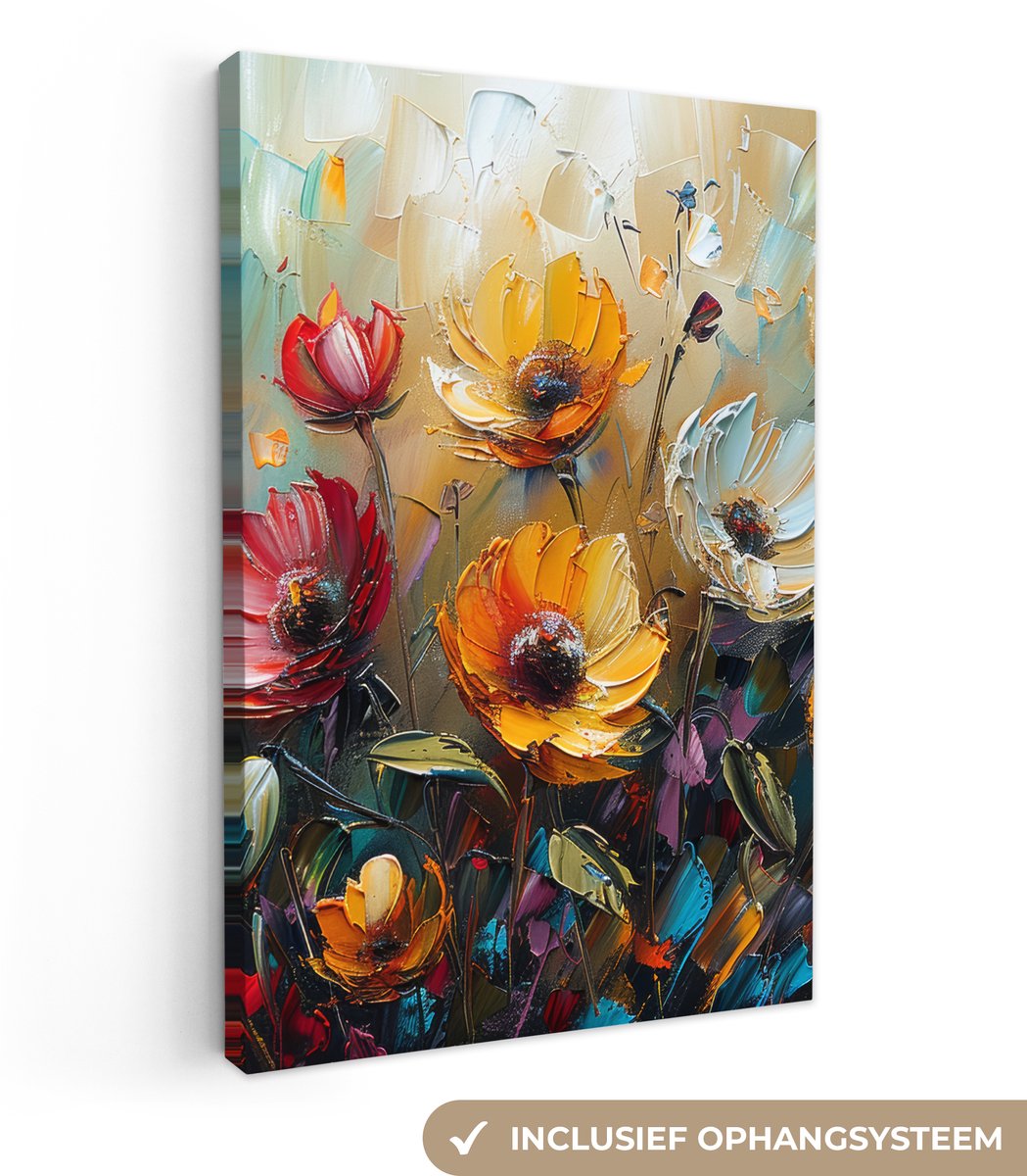 Canvas schilderij 120x180 cm - Wanddecoratie Bloemen - Verf - Kunst - Modern - Muurdecorat