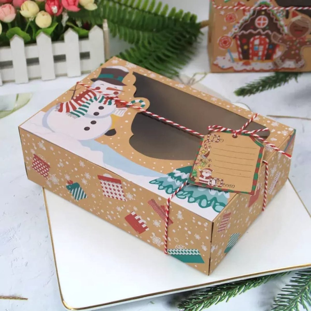 6 x Kerst Kraft Papieren Cadeaudozen met Transparant Deksel – Stevig & Herbruikbaar – Geschenkdoos - Gebakdoos – foto 4