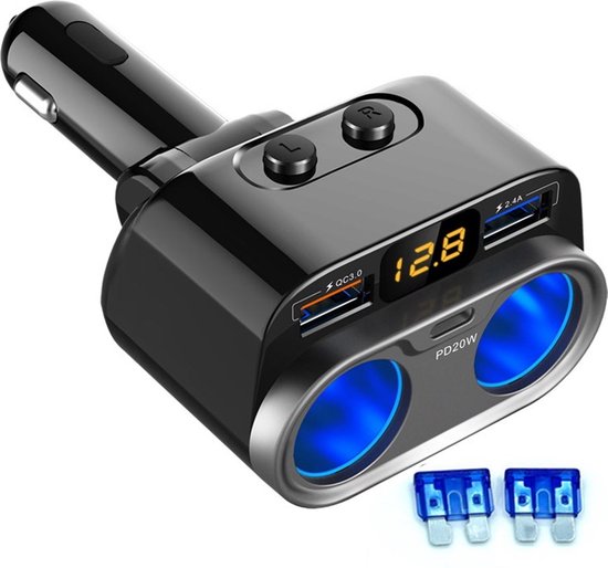 DrPhone CAR10 Multi Autolader 150W - Sigarettenaansteker - QC3.0 + 2.4A Splitter - Adapter - 2 Sockets met Type C PD 20W -12V / 24V met LED Display
