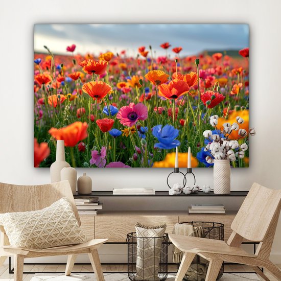 Canvas Schilderij 120x80 cm - Bloemen - Klaprozen - Kleurrijk - Natuur - Wanddecoratie woonkamer - Muurdecoratie keuken - Slaapkamer decoratie - Schilderijen - Woonaccessoires