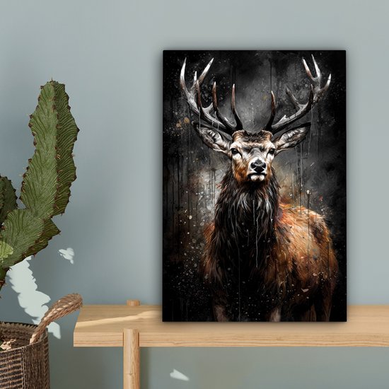 Tableau toile 20x30 cm - Cerf noir - Accessoires décoration chambre - Peintures salon tête de cerf - Décoration murale tête d'animal chambre - Décoration murale cuisine - Toile murale intérieur - Décoration maison