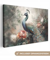 Tableau sur toile Paon - Plumes de paon - Vogel - Jungle - Fleurs - 140x90 cm - Décoration murale