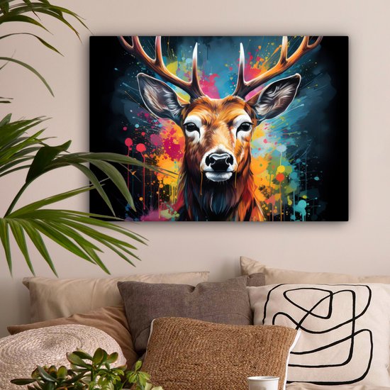Tableau sur toile Cerf - Graffiti - Animaux - Couleurs - 80x60 cm - Décoration murale