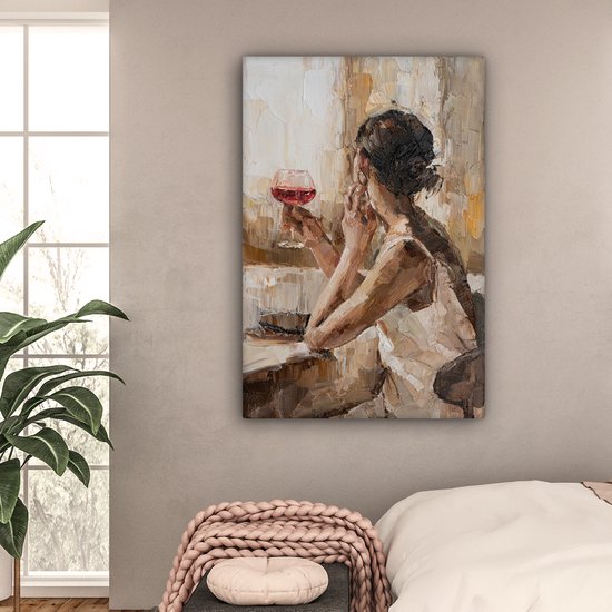 Tableau Peinture sur Toile - Femme - Vin - Peinture à l'Huile - 80x120 cm - Décoration murale