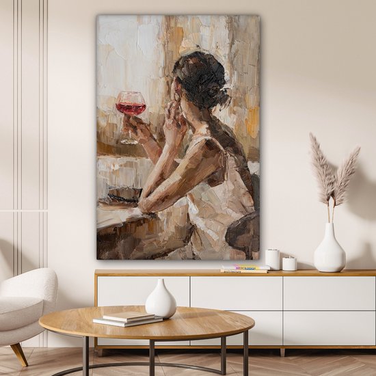 Tableau Peinture sur Toile - Femme - Vin - Peinture à l'Huile - 80x120 cm - Décoration murale
