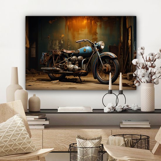 Peinture sur toile 60x40 cm - Décoration murale Vintage - Moteur - Blauw - Ancien - Garage - Décoration murale murale salon - Décoration chambre - Accessoires de chambre - Peintures