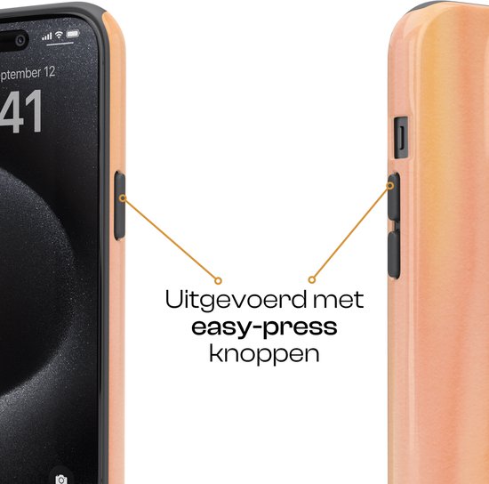Een close-up van een oranje/roze ombré telefoonhoesje en een iPhone met de tekst "Uitgevoerd met easy-press knoppen".