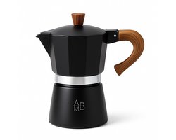 Adore Maison Barista – Moka pot 6 Kops – Zwart met Houten Handvat – Traditionele Espressomaker voor Gas & Elektrisch